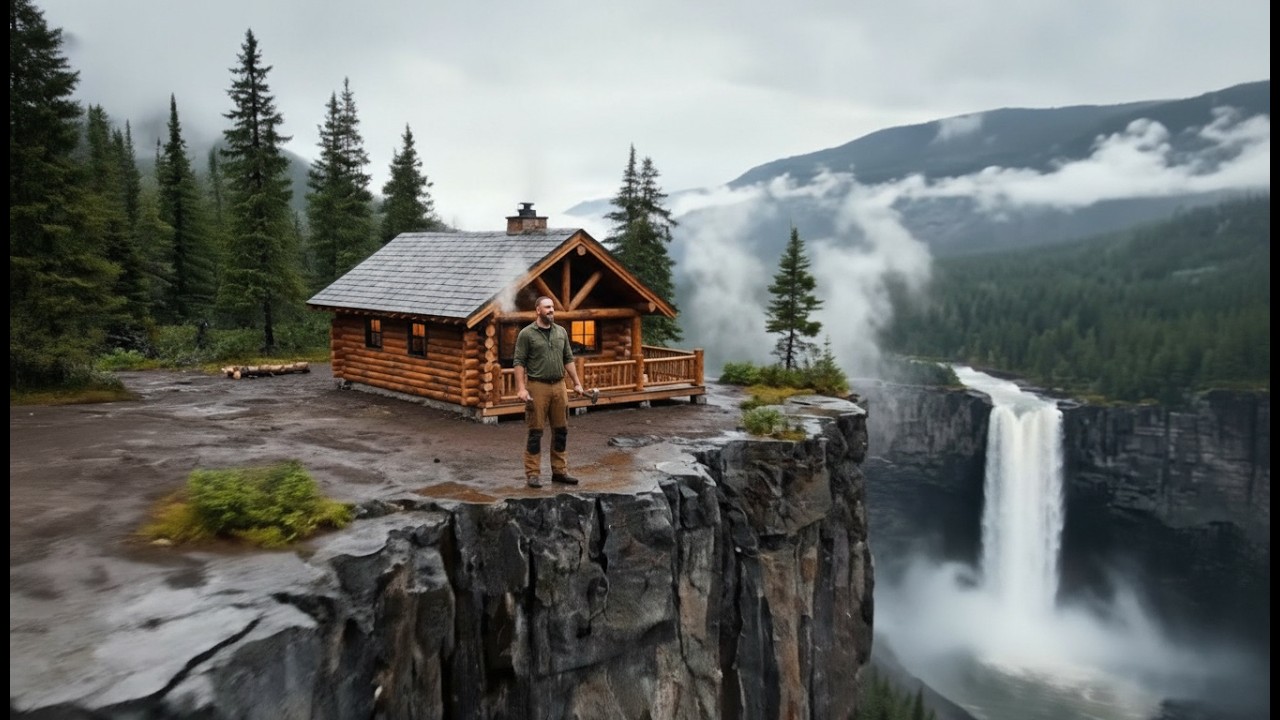 A Cozy Log Cabin Built on the Edge of a Cliff | Silent Wilderness #asmr #wilderness