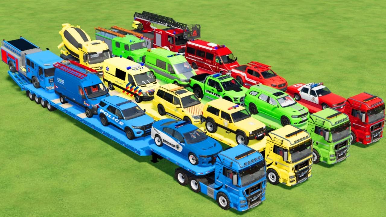 TRANSPORTING POLICE CARS, AMBULANCE, FIRE TRUCK, COLORFUL CARS WITH TRUCK  -FARMING SIMULATOR 22!