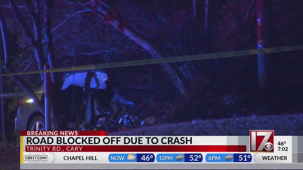 Trinity Road in Cary closed after car crashes into tree