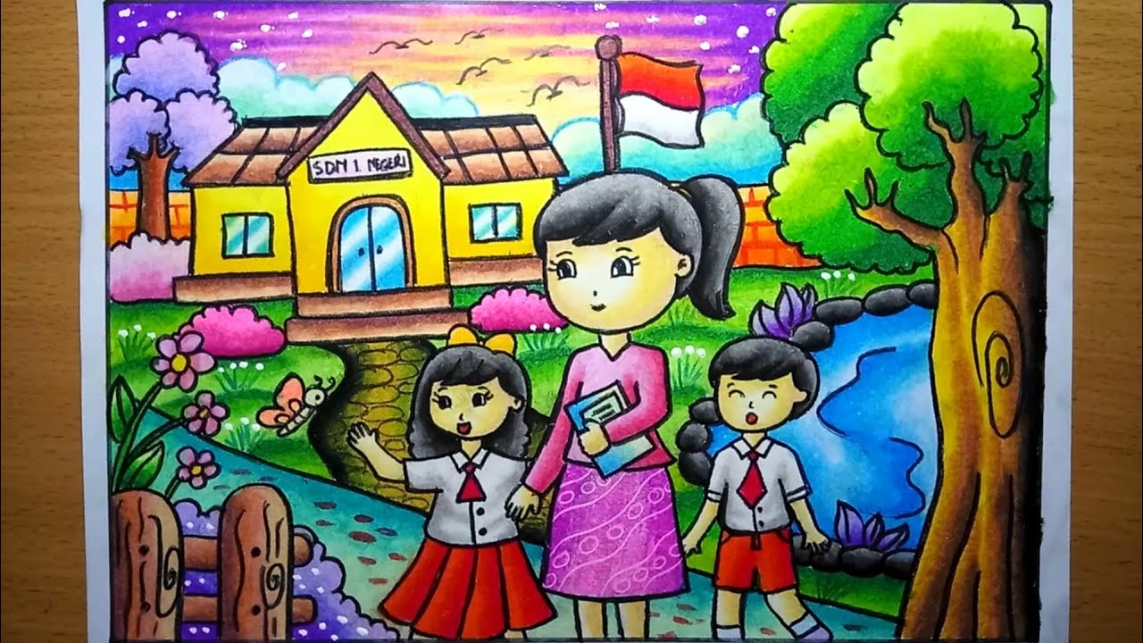 Cara menggambar dan mewarnai gradasi tema  pendidikan dan hari guru | menggambar Pemandangan sekolah
