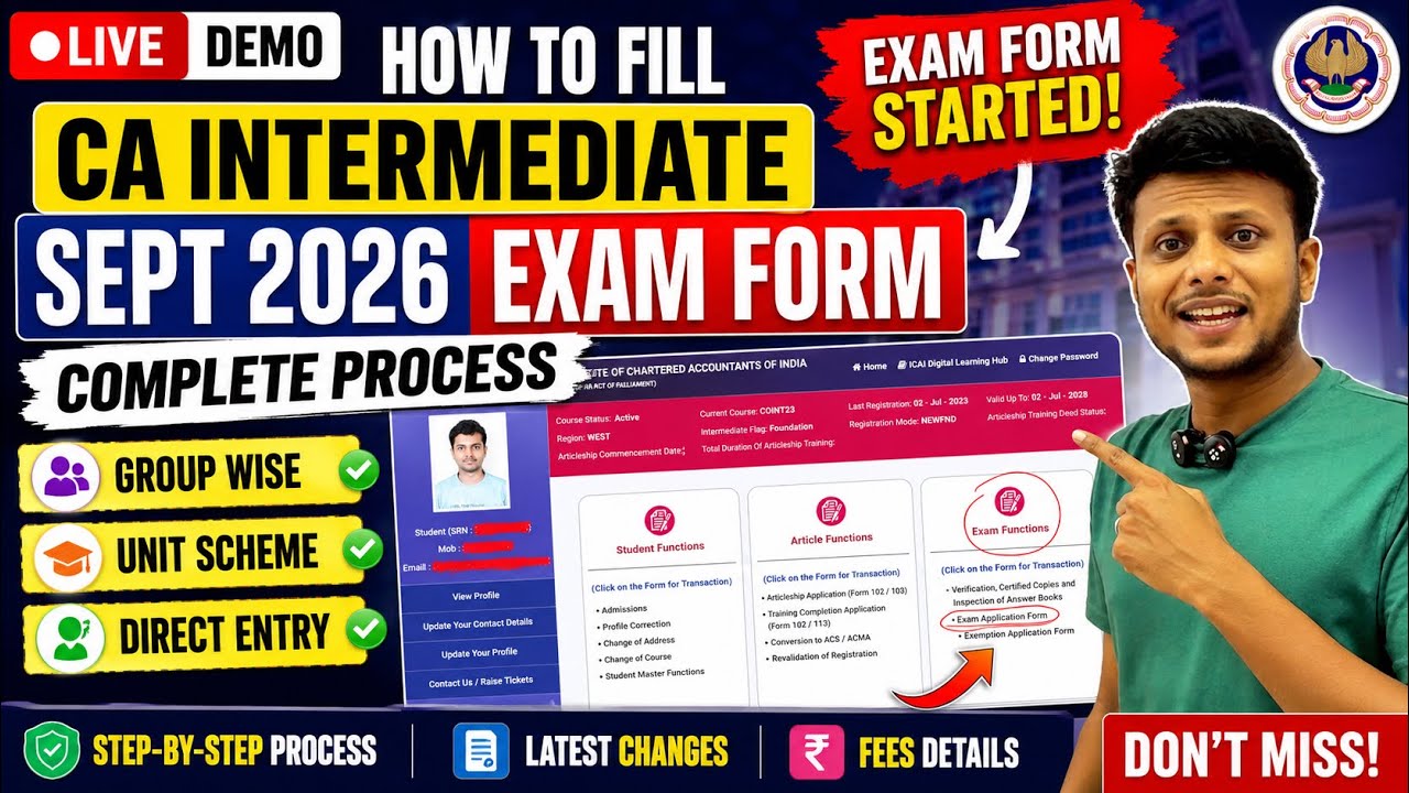 CA Intermediate Sept 2026 Exam Form Started | Complete Process | How to Fill CA Inter Exam Form