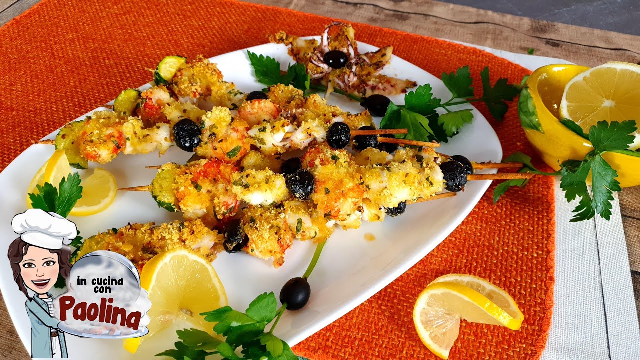 Шашлык из рыбы, запеченный в духовке. Кальмары и креветки. На кухне с Полиной.