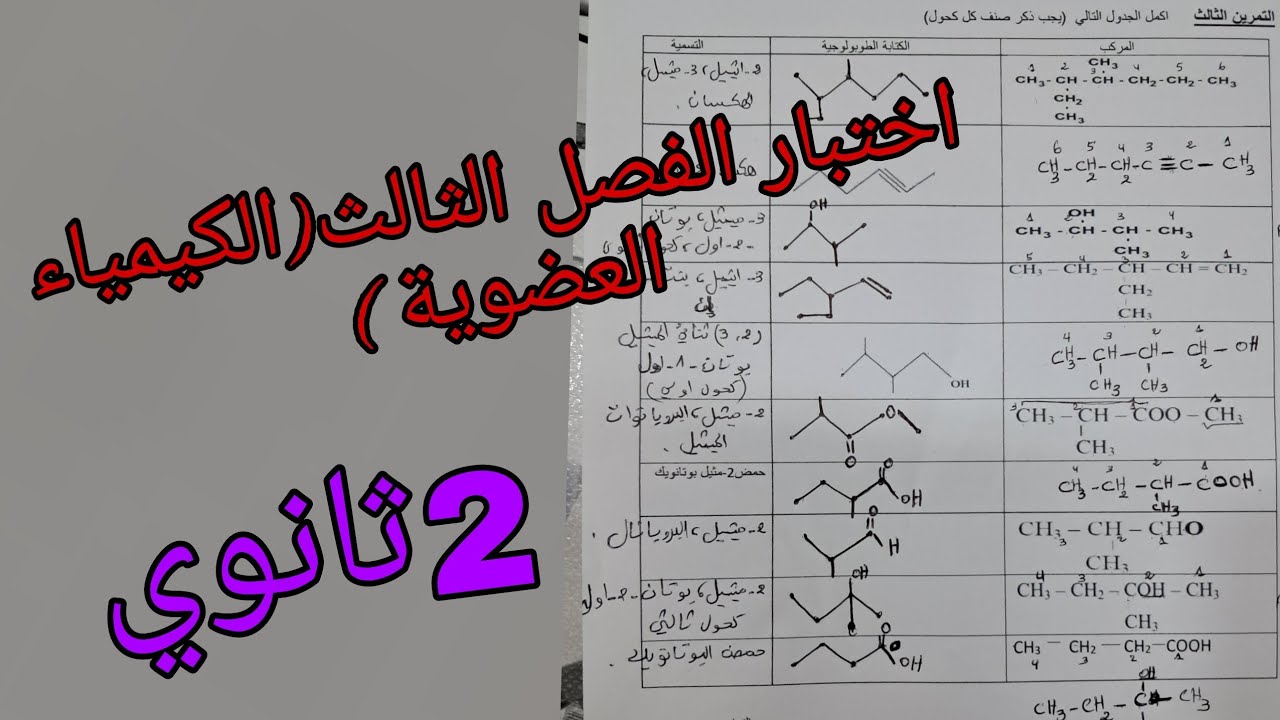 اختبار الفصل الثالث في الفيزياء للسنة الثانية ثانوي جميع الشعب العلمية حول الكيمياء العضوية