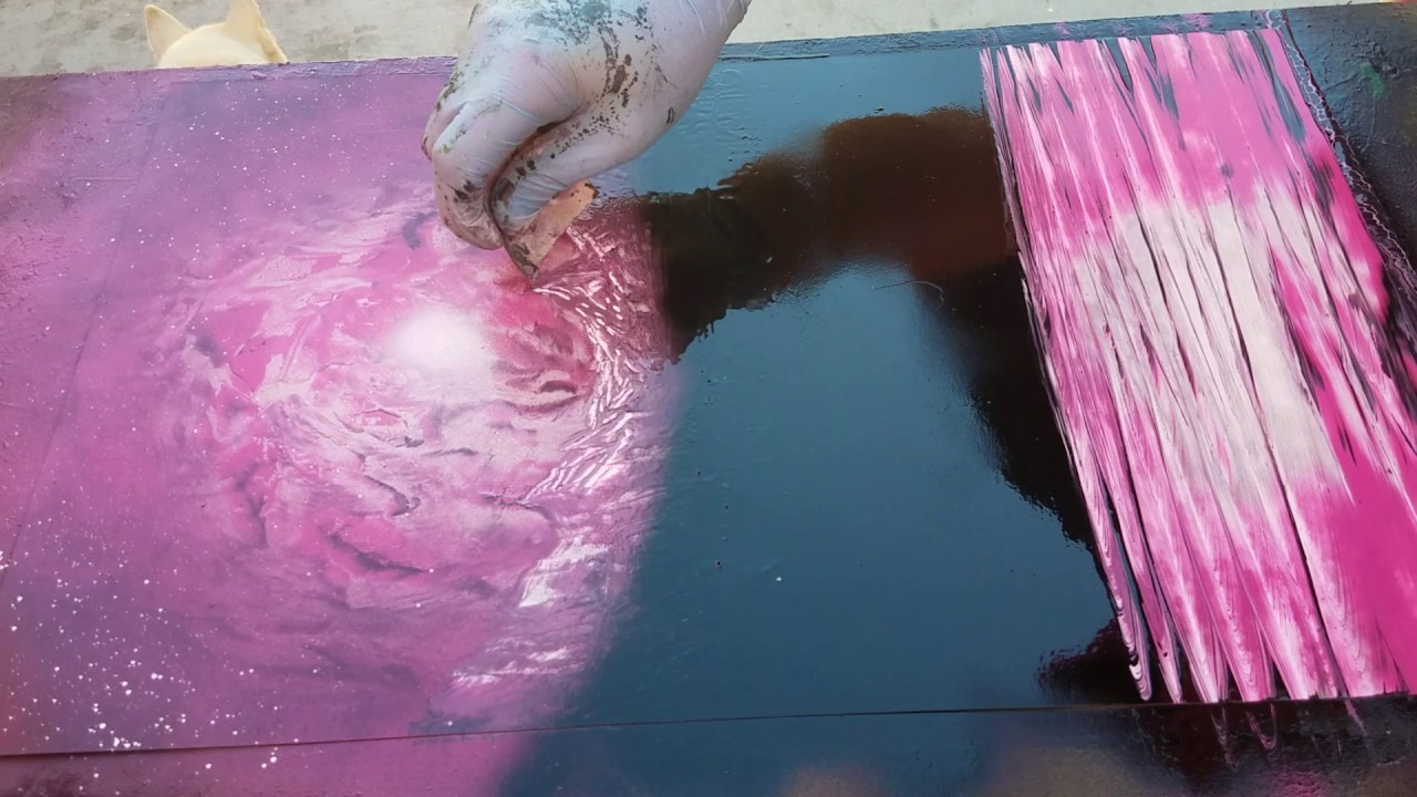 Pink mountain spray paint art tutorial galaxy waterfall bushes and trees