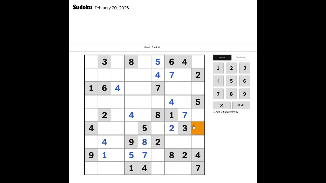 New York Times Sudoku Hard Solution for February 20, 2026: Solving without Markings