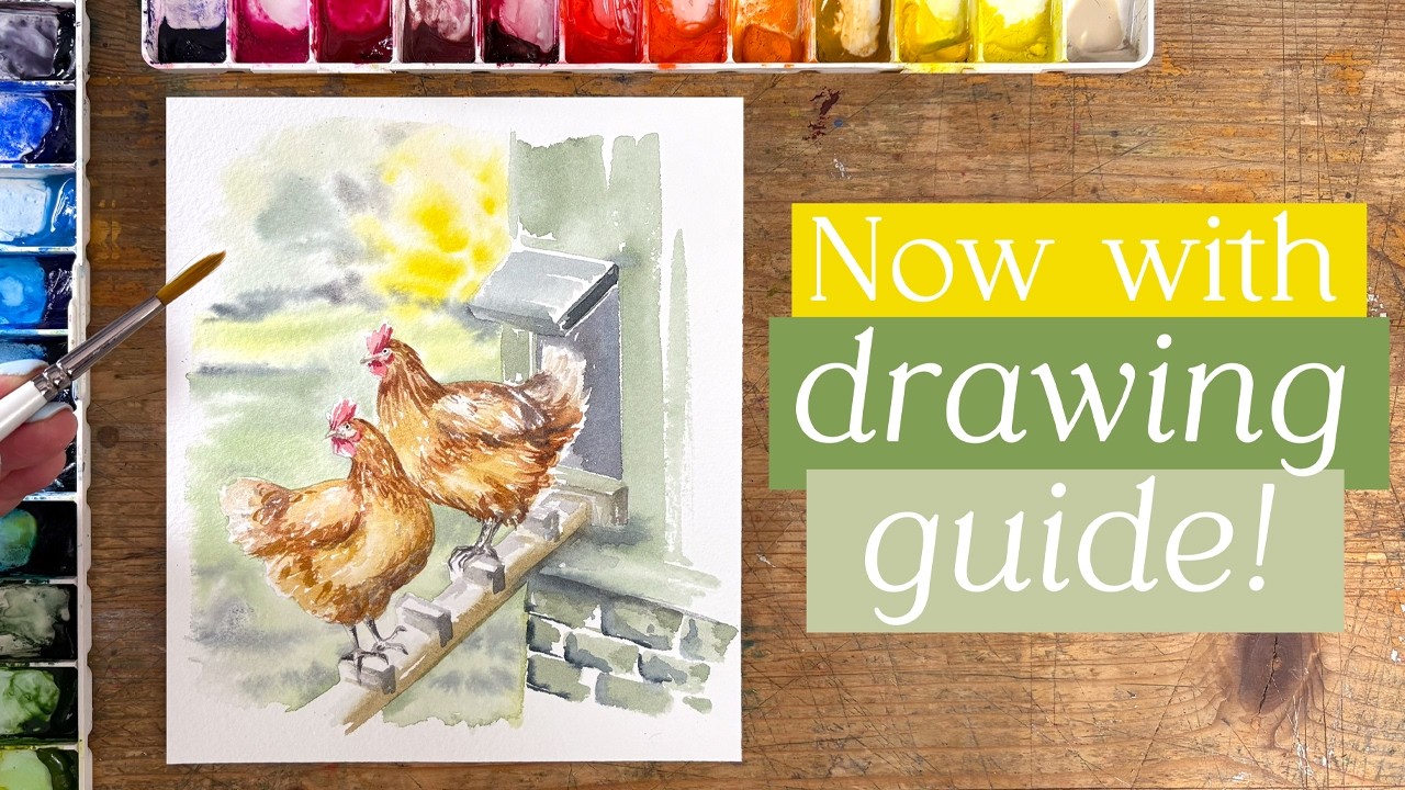 Spring Chickens in Watercolour 🐣 | Step-by-Step Tutorial + Line Drawing Guide
