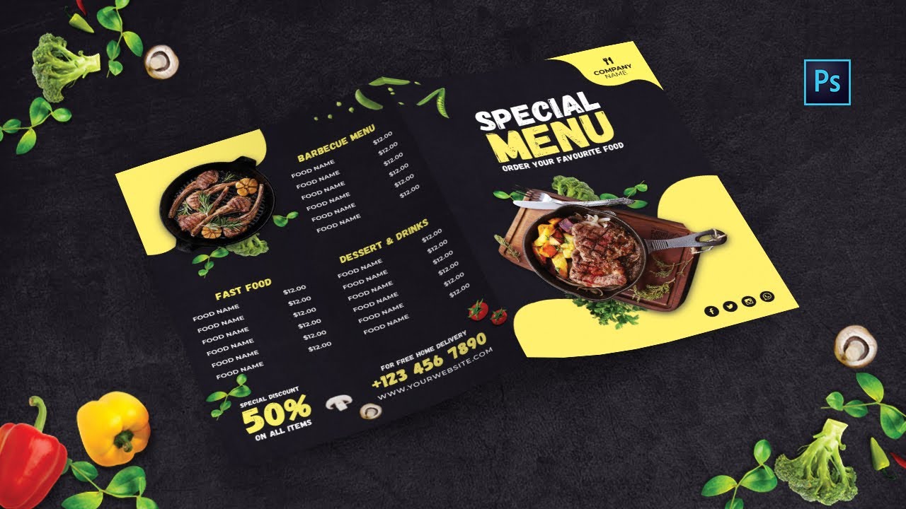 How to Design Bifold Food Menu Brochure | Adobe Photoshop Tutorial | Speed Art | Grafix Mentor