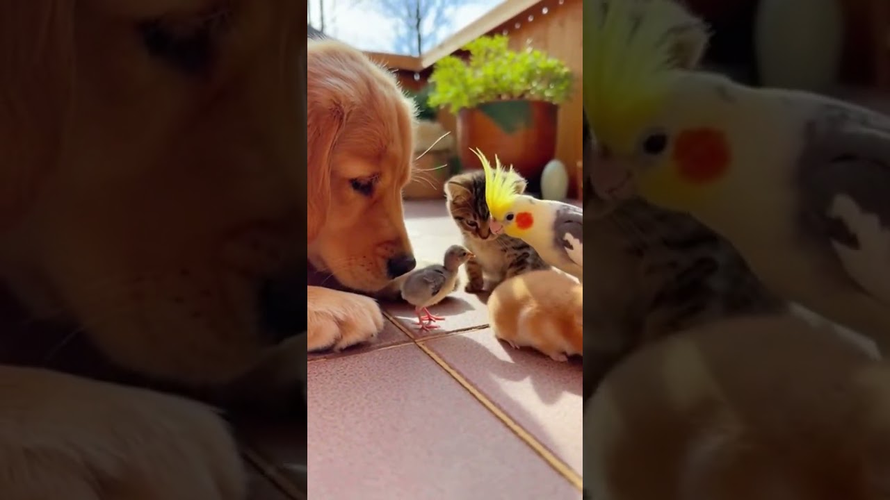Curious eyes of pets meet small feathered friends in playful moments 