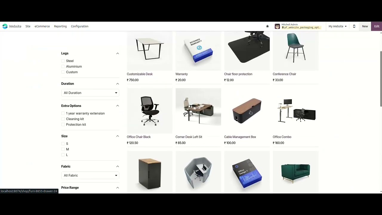 Website Display Packaging Options in product