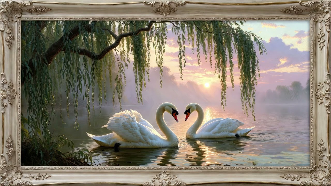 Framed Art With Music - Romantic Swan Lake Painting - Frame for TV