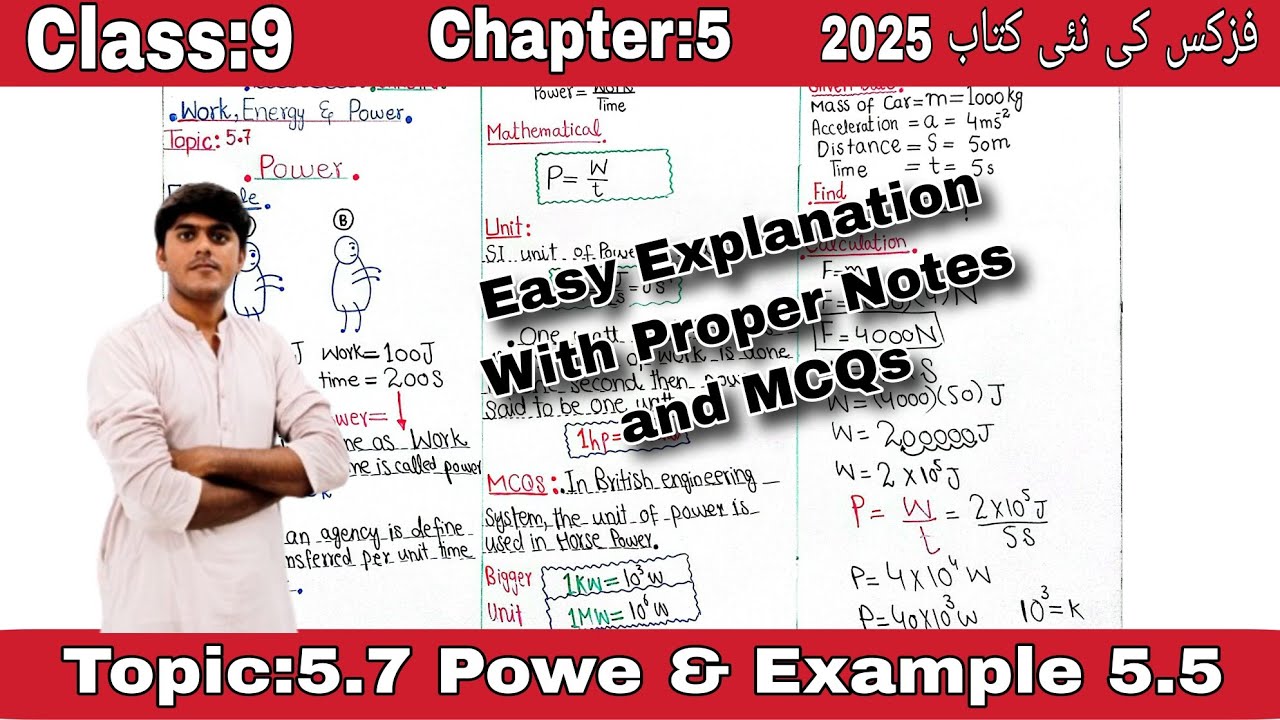 Class 9th New Book Physics 2025||Topic 5.7 Power and Example 5.5||Chapter 5||#new book