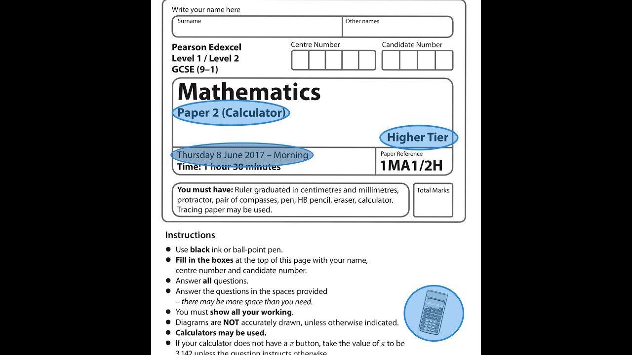 EDEXCEL GCSE Maths. June 2017. Paper 2. Higher. Calculator. 2H.