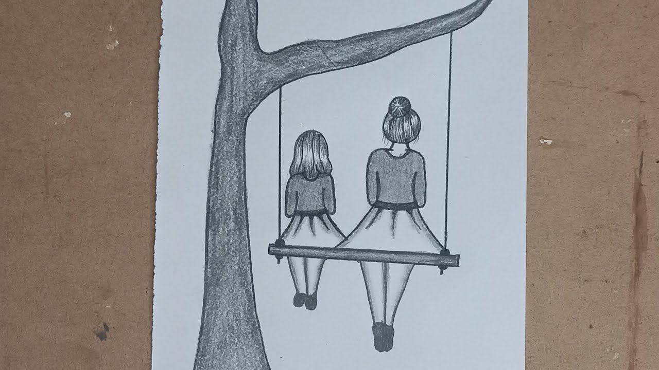 how to draw mother daughter drawing sitting on swing | easy mother daughter drawing | pencil drawing