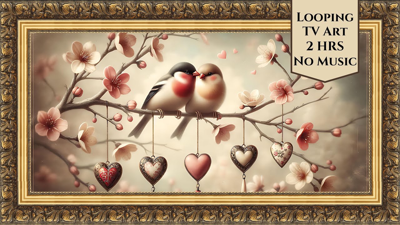 Valentine's Day Vintage Love Birds Gold Frame TV Art Romantic Screensaver Paintings Wallpaper 2 Hrs