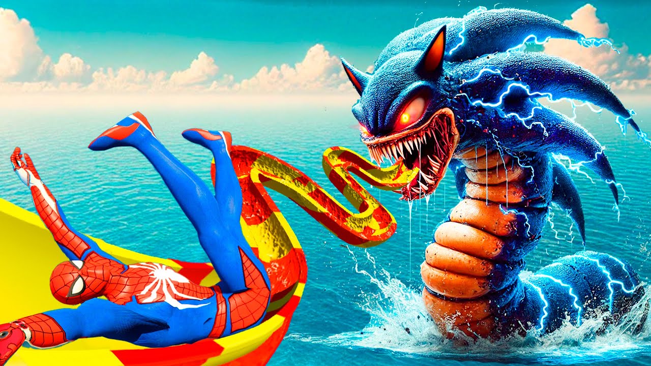 SONIC TRAIN EATER IN GTA 5! SPIDERMAN VS WATER SLIDES! Superhero Challange #spiderman #ragdolls