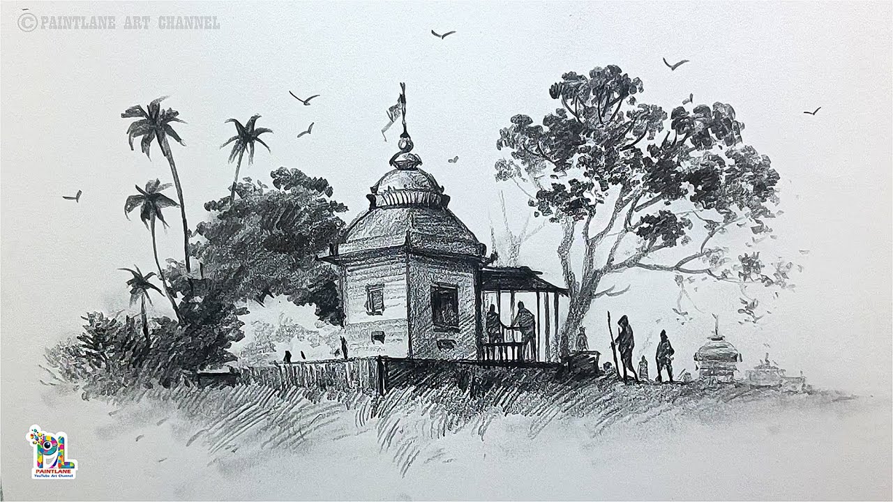 Pencil Sketch and Shading Old Temple in Landscape Art | Pencil Art