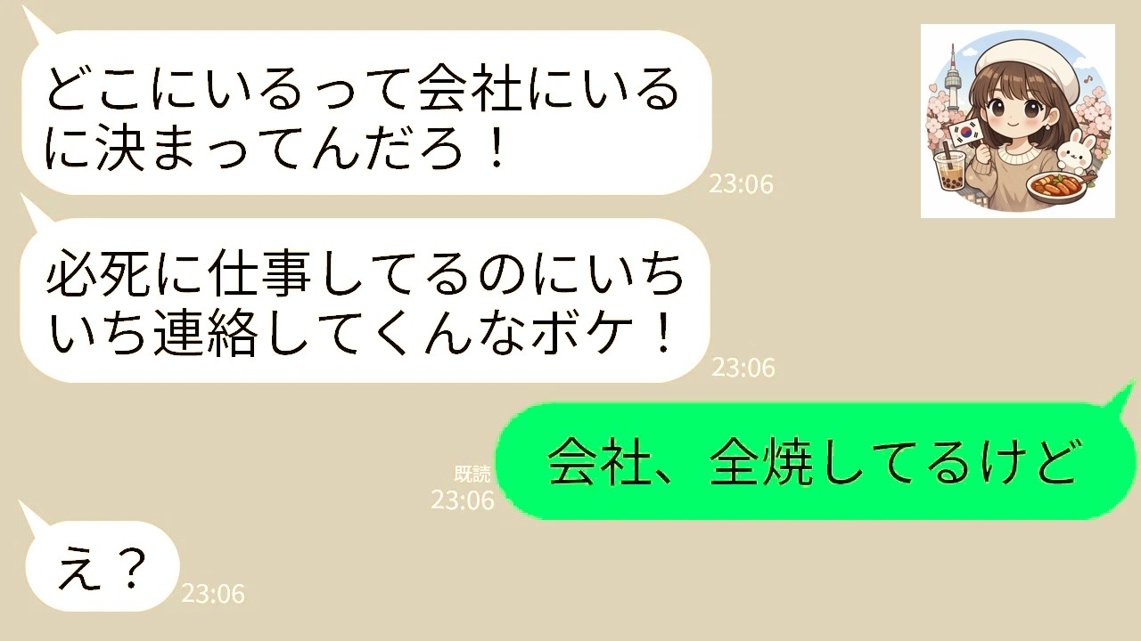 【LINE】夫の会社が火事だと知って嫁が慌てて連絡。嫁「今どこ？大丈夫？」夫「会社に決まってんだろ！連絡してくんな！」→全てを悟った嫁が直後に起こした行動が…www