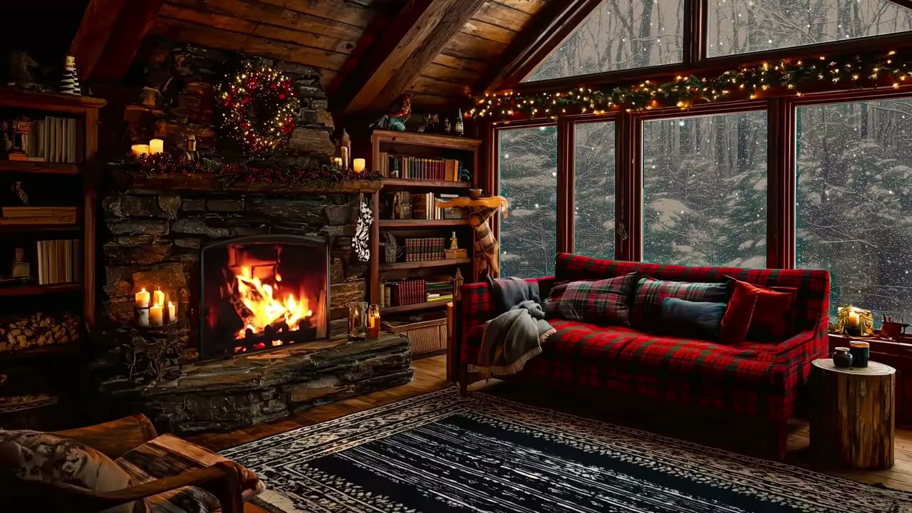 Peaceful Winter Piano Music with Soft Snow Sounds and Warm Cozy Room