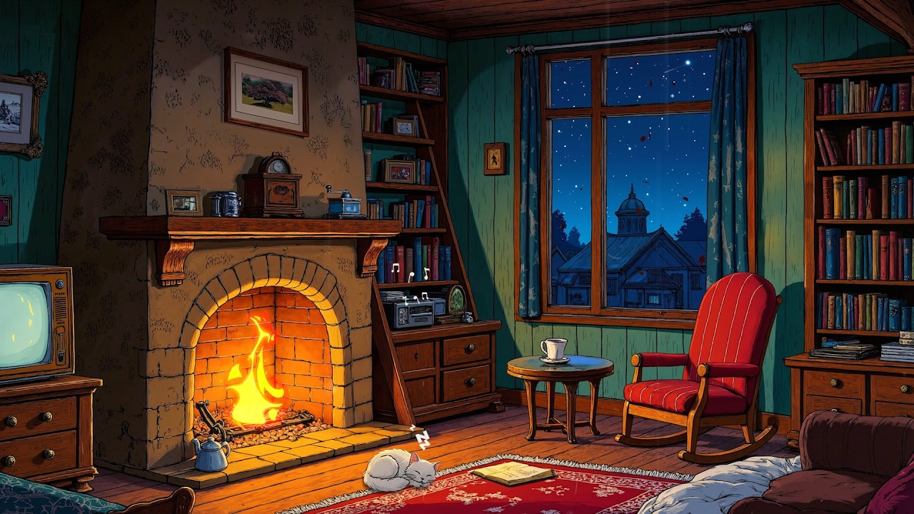 it's 1950's calm night, you're listening to vinatge oldies playing on a peaceful night (fire sound)