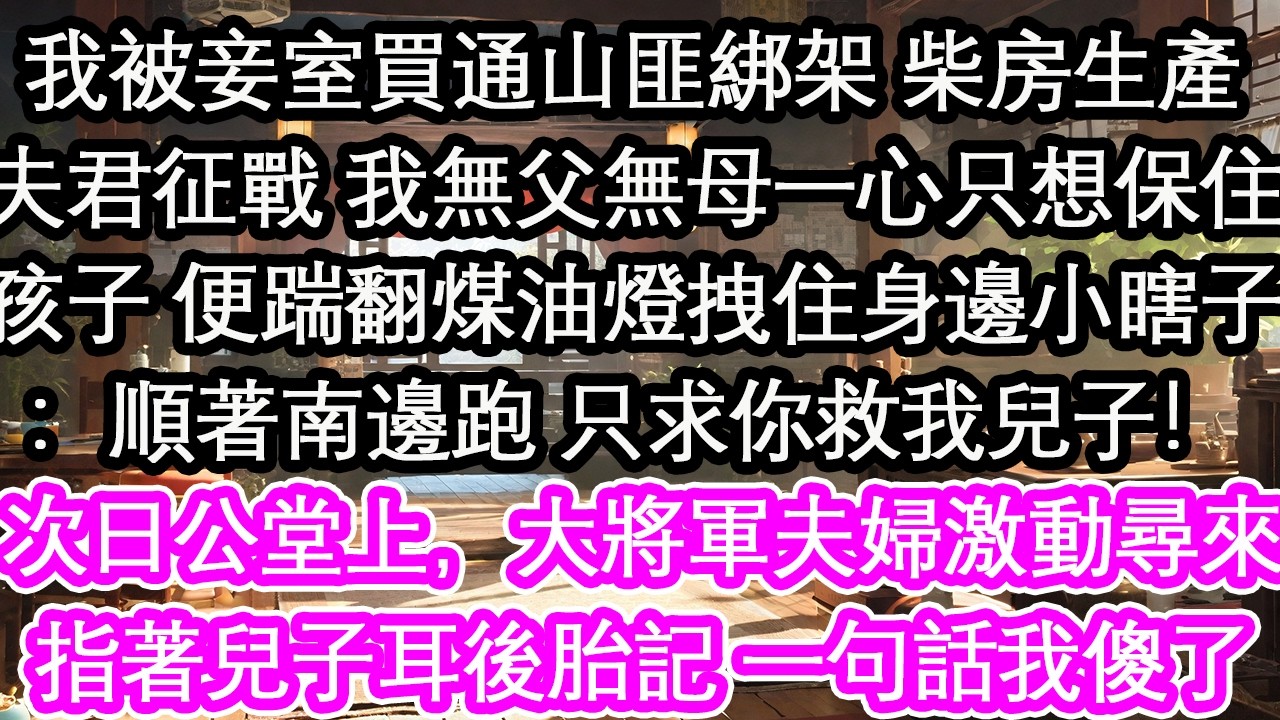 我被妾室買通山匪綁架 柴房生產夫君征戰 我無父無母一心只想保住孩子 便踹翻煤油燈拽住身邊小瞎子：順著南邊跑 只求你救我兒子！次日公堂上，大將軍夫婦激動尋來指著兒子耳後胎記 一句話我傻了【花開】【愛情】