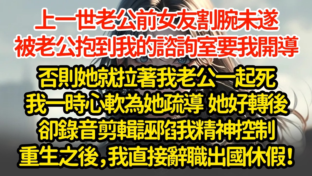 上一世老公前女友割腕未遂，被老公抱到我的諮詢室要我開導，否則她就拉著我老公一起死。我一時心軟為她疏導  她好轉後卻錄音剪輯誣陷我精神控制重生之後，我直接辭職出國休假！