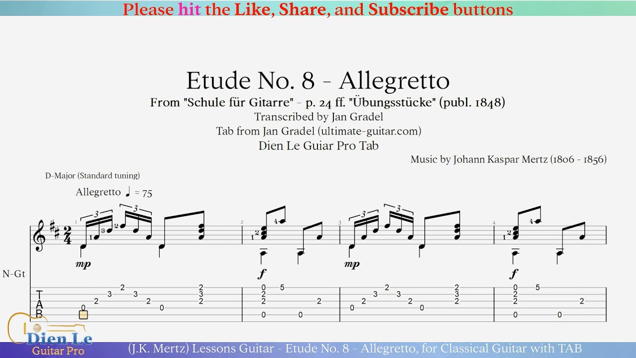 (J.K. Mertz) Lessons Guitar - Etude No. 8 - Allegretto, for Classical Guitar with TAB
