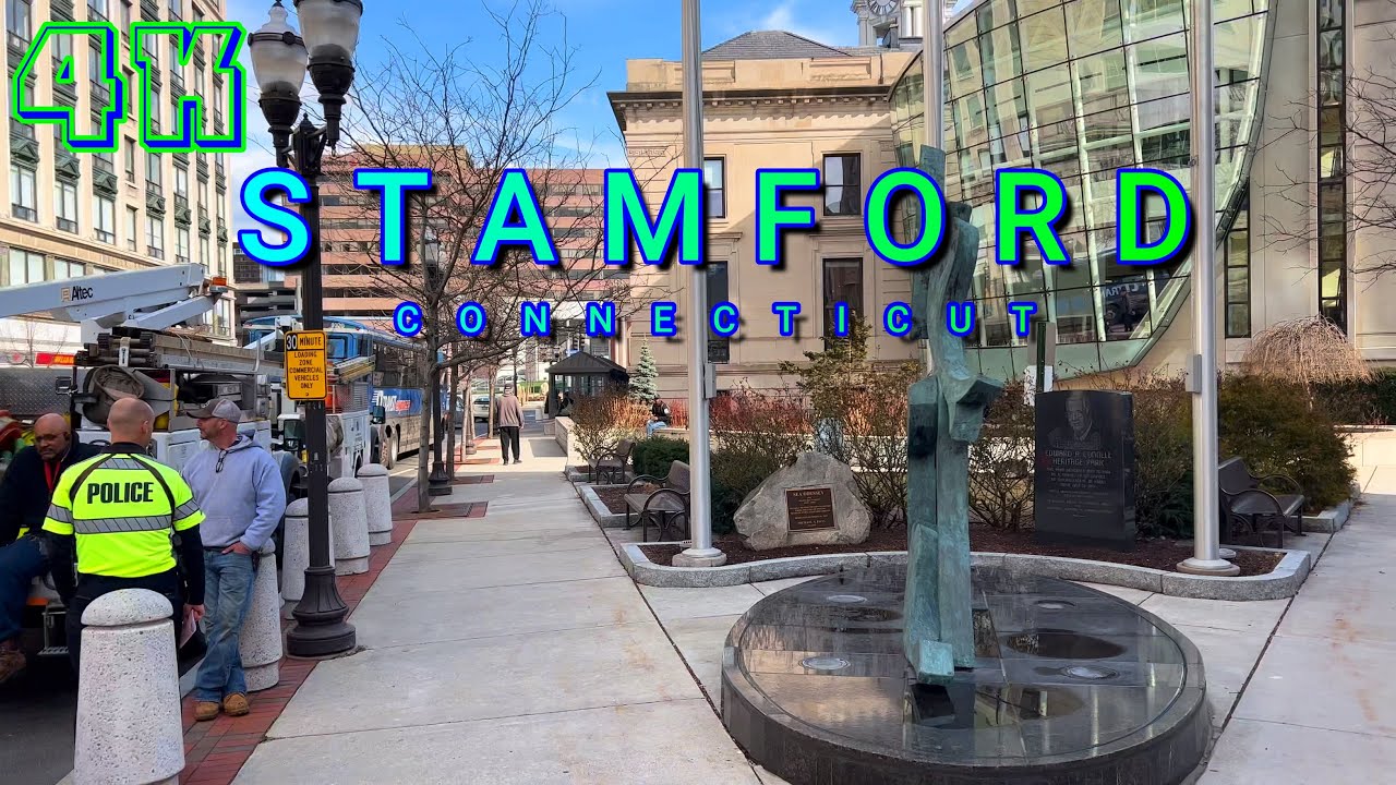 Stamford Downtown Walk on a Sunny Day, Connecticut USA, 4K - UHD
