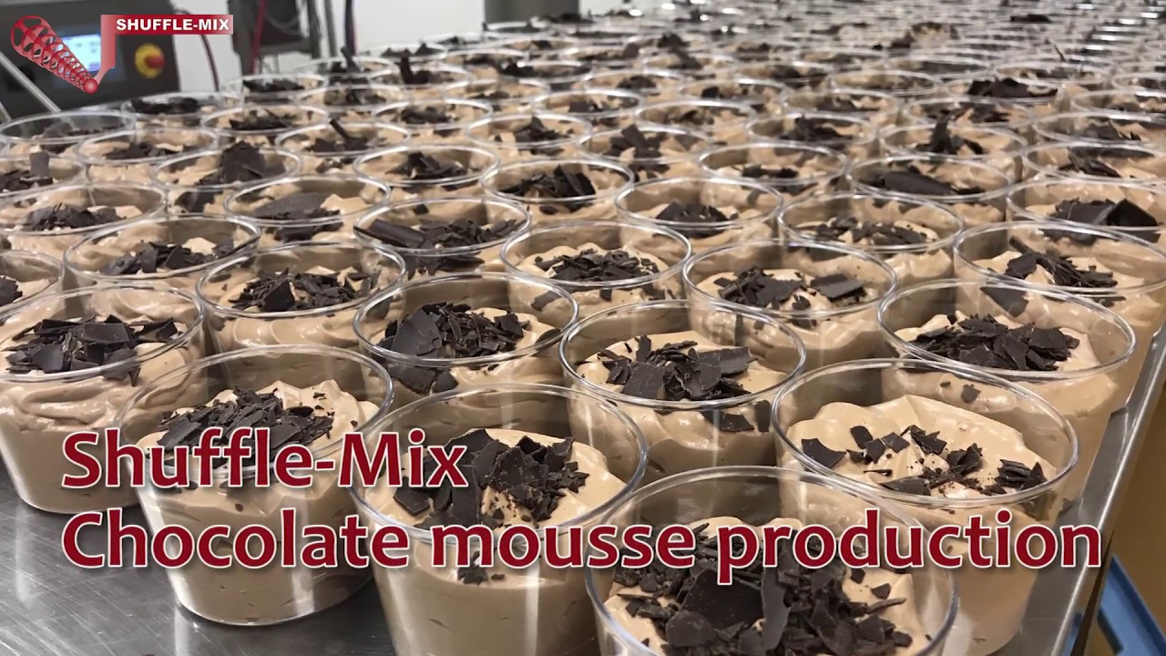 Chocolate mousse production line with Whipped Cream,  Whipped Egg-white and melted Chocolate.