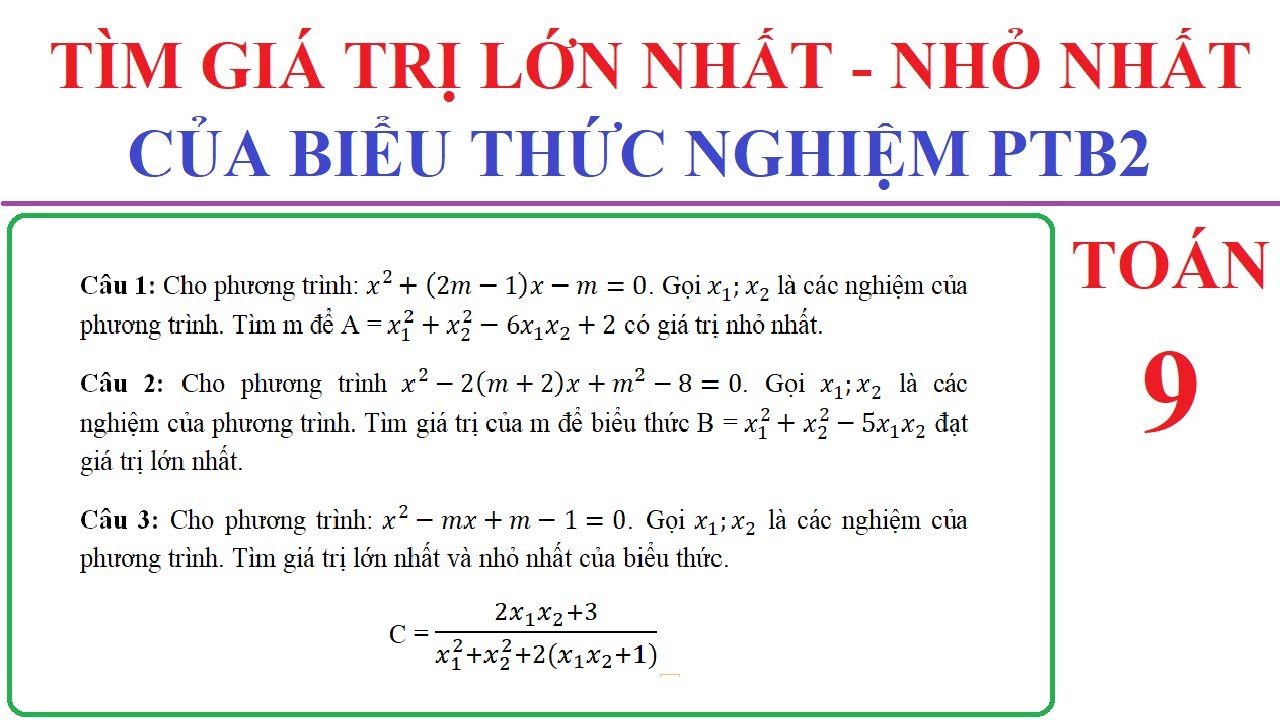 TOÁN 9 - TÌM GIÁ TRỊ LỚN NHẤT VÀ NHỎ NHẤT CỦA BIỂU THỨC CHỨA NGHIỆM PHƯƠNG TRÌNH BẬC HAI - GTLN-GTNN