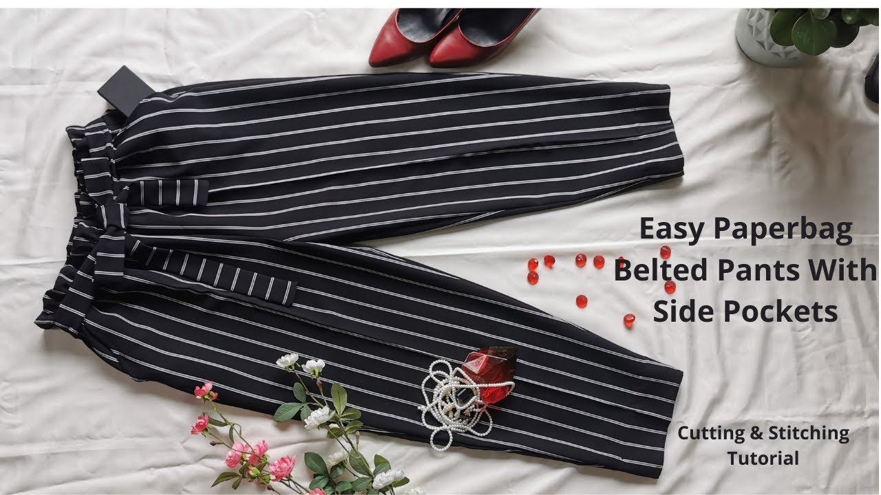 Easy Paper bag Belted Pants with side pockets / Tie waist pants/ how to make side pockets in pants