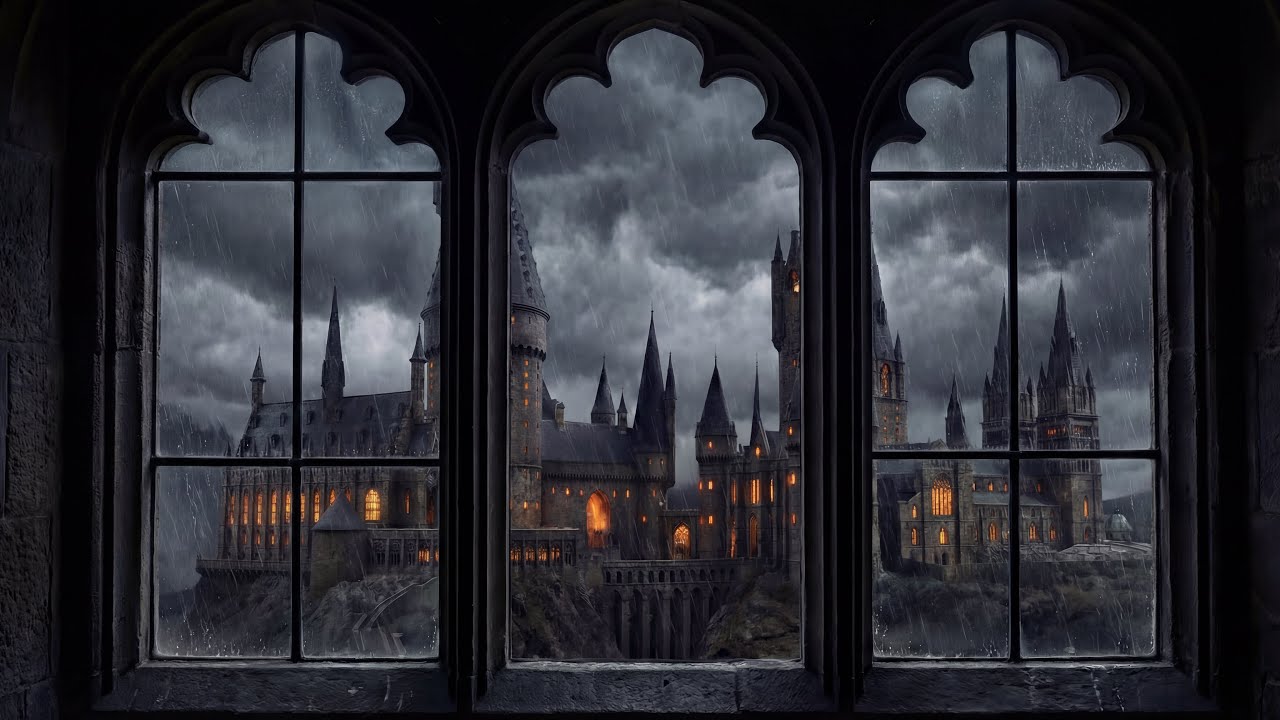 4K Hogwarts Castle Window Rain Ambience | Fantasy Music Inspired by Harry Potter World