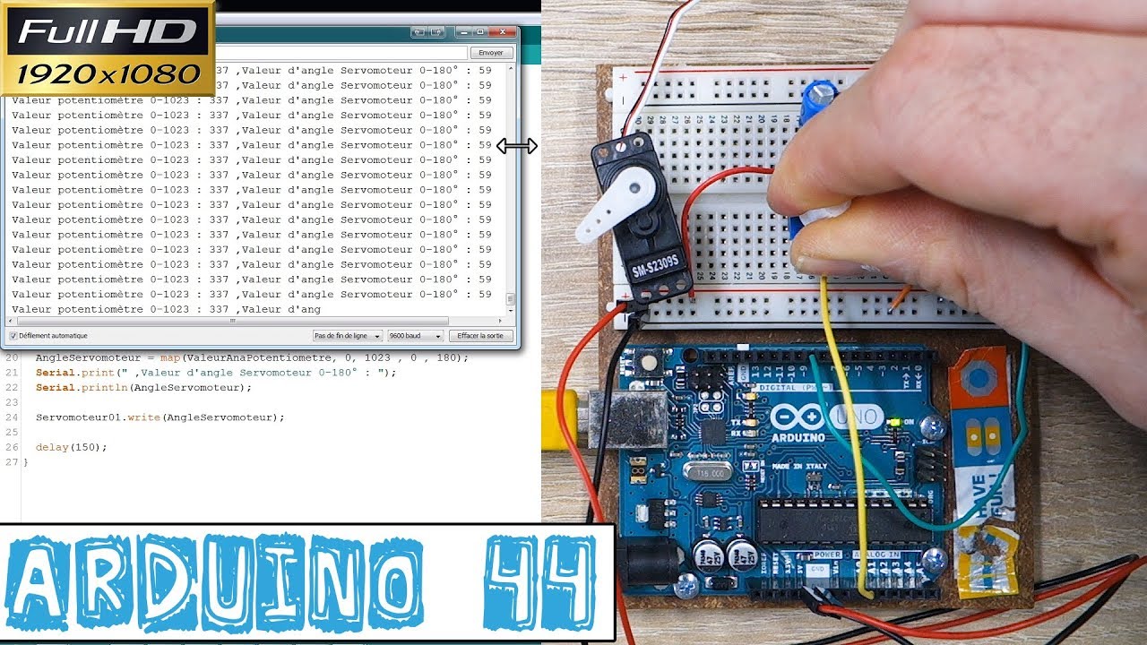 Arduino44-TEST du PROGRAMME-CONTR&Ocirc;LER un SERVOMOTEUR par le biais d'un POTENTIOM&Egrave;TRE