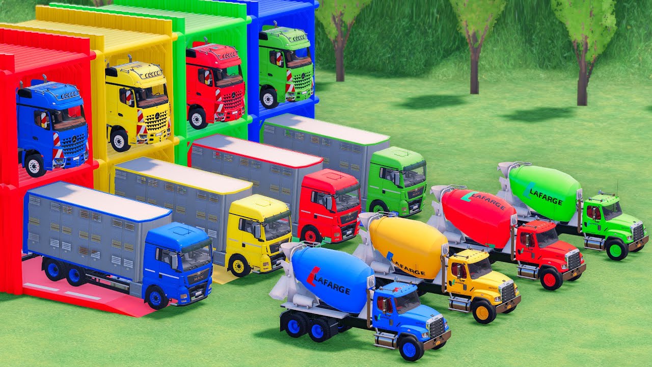 Trucks With COLORS - FREIGHTLINER MIXER TRUCK and MAN BOX TRUCK with FLATBED TRAILER TRUCK - FS22