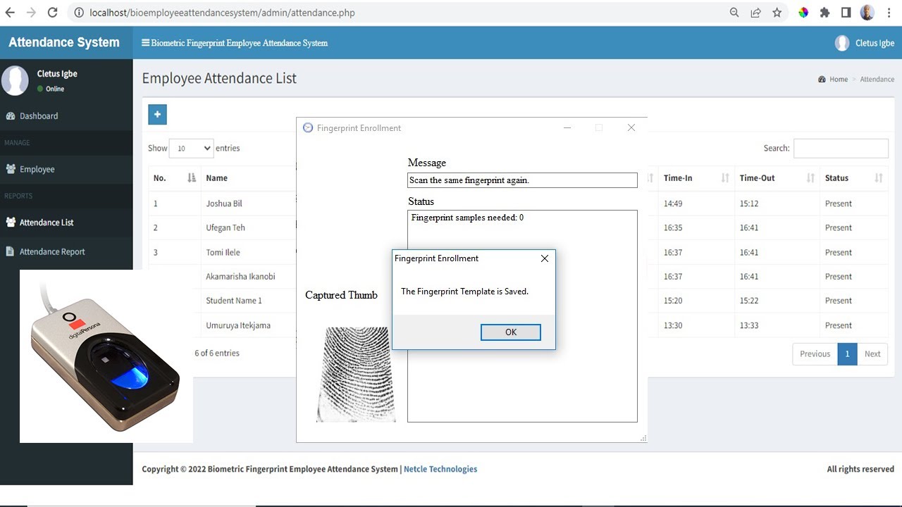 Online Biometric Fingerprint Employee Attendance System in PHP MySQL and C# Source Code