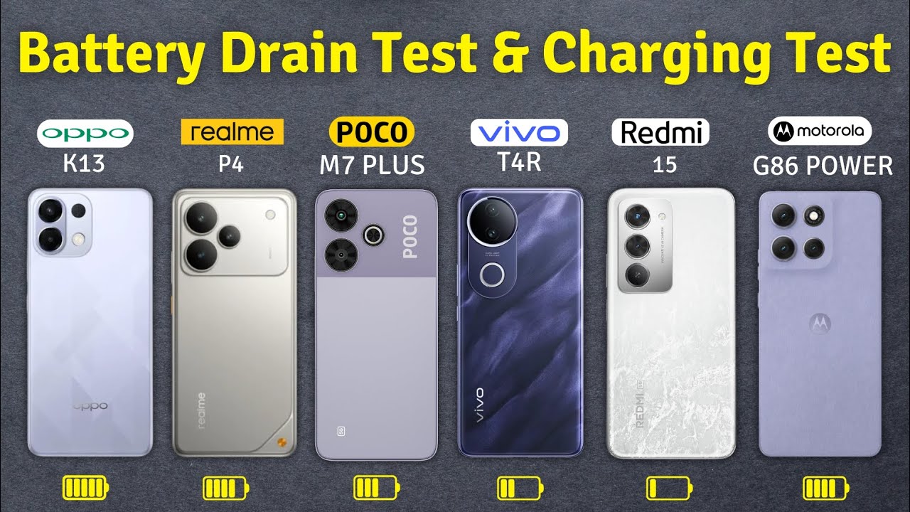 Realme P4 vs Redmi 15 vs Vivo T4R vs Poco M7 Plus vs Moto G86 Power vs Oppo K13 Battery Test