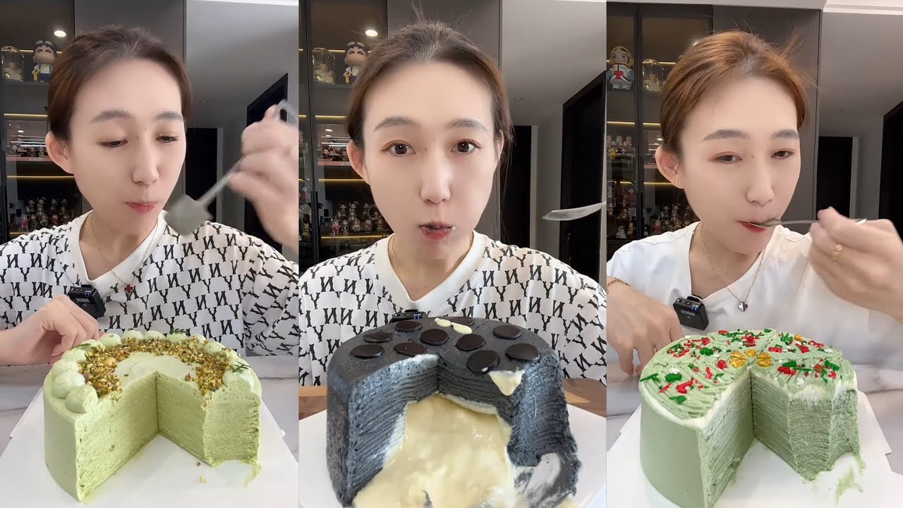 Eating Matcha & Black Sesame Mille Crepe Cakes Soft Layers & Creamy Filling | ASMR MUKBANG