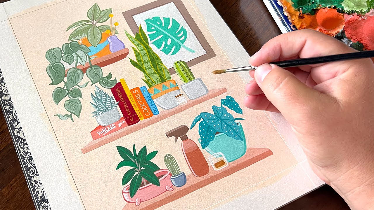 Painting little things on shelves 🎨 Gouache Art • Satisfying