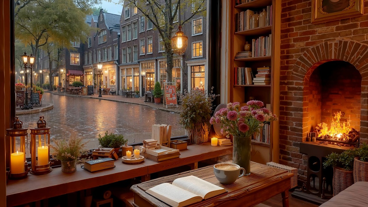 Soft Spring Rain Coffee Shop | Smooth Jazz Piano & Fireplace Sounds for Study & Relax