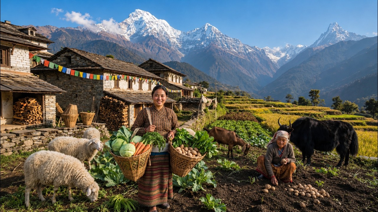 Peaceful Himalayan Village Life | Harvesting Vegetables, Feeding Animals & Simple Farm Living