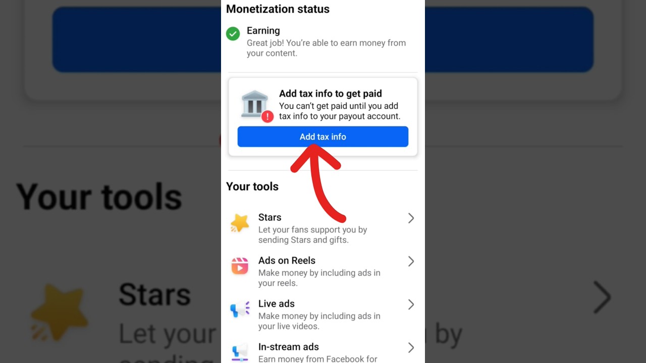 Add tax info to get paidYou can't get paid until you add tax info to your payout account