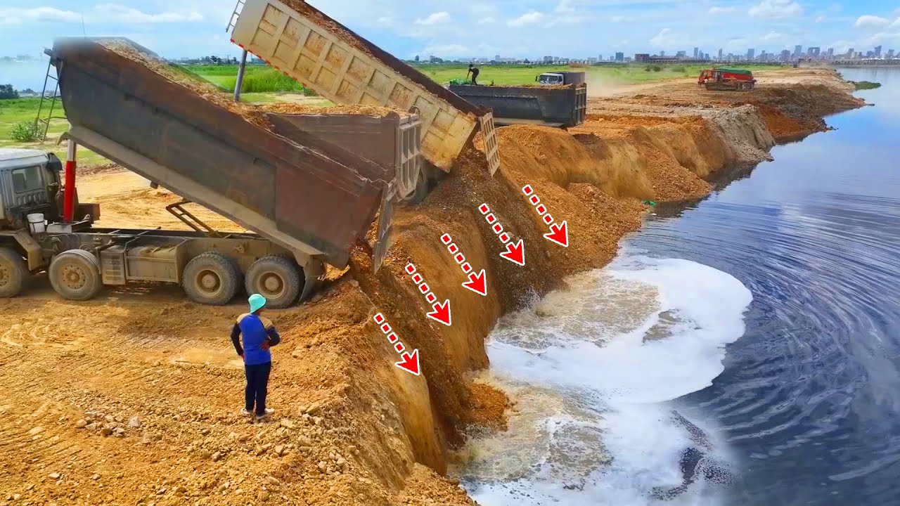 Great!!Unbelievable Land Sink !! Dump Trucks Try To Dumping And Recovery the Land With Bulldozer D60