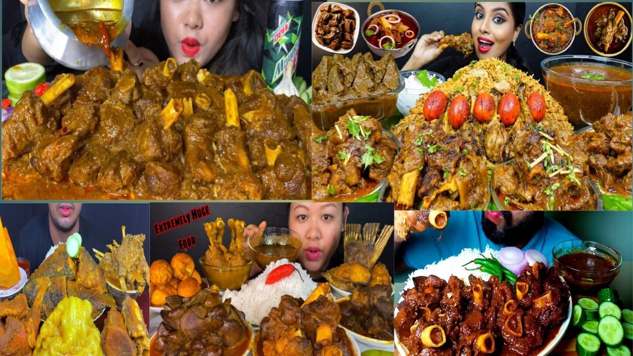 ASMR EATING SPICY MUTTON CURRY, SPICY CHICKEN CURRY AND SPICY EGG CURRY WITH PARATHA, PURI, LUCHI