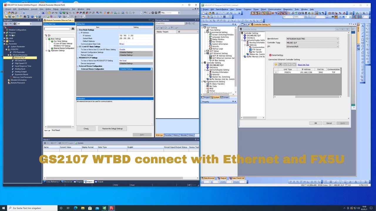 Mitsubishi GS2107 WTBD подключение Ethernet с помощью FX5U