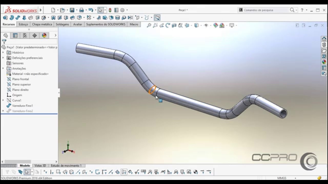 Como criar uma curva projetada com o SolidWorks Guidão Trike | Celso Torres