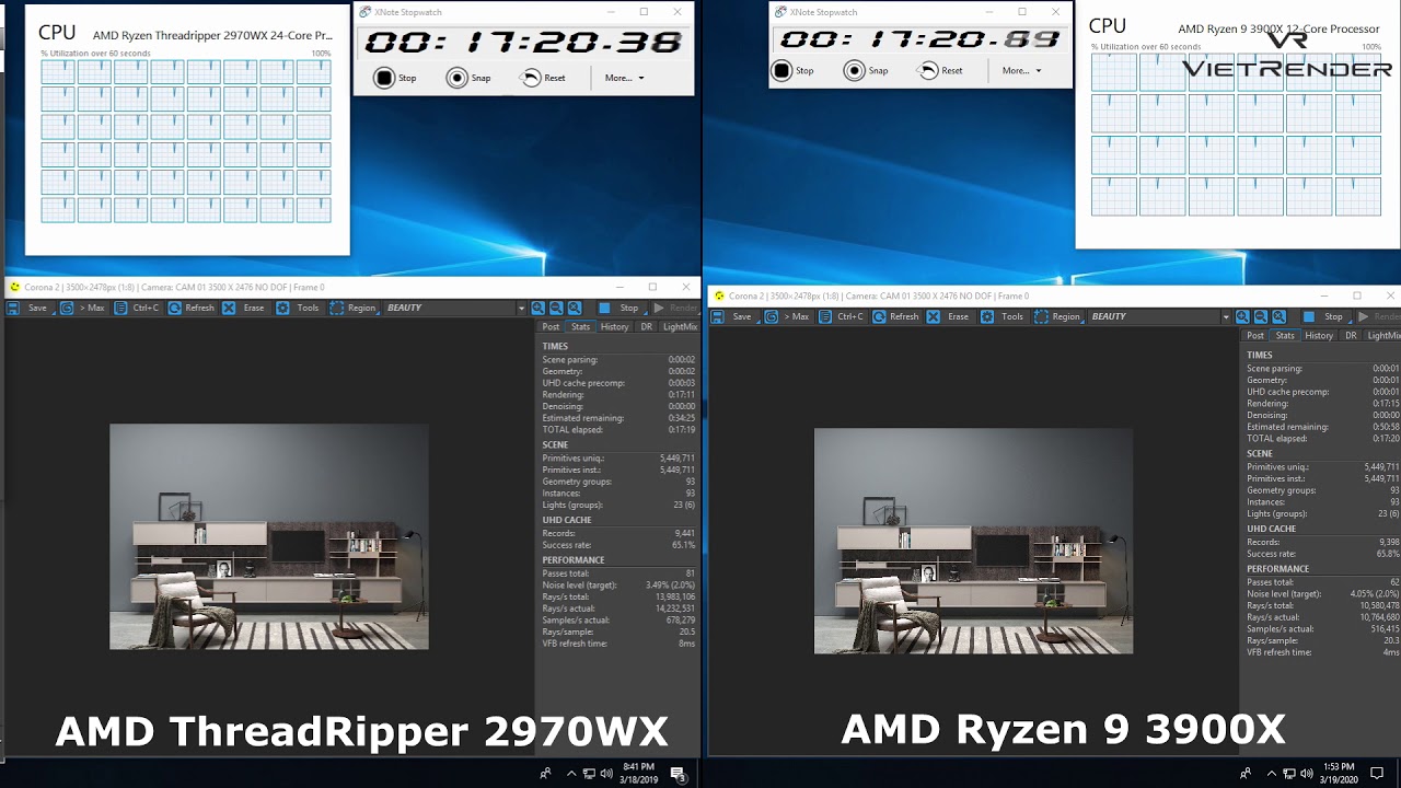 3Dsmax Corona 2 Render Time Exterior AMD Ryzen 9 3900X vs AMD ThreadRipper 2970WX