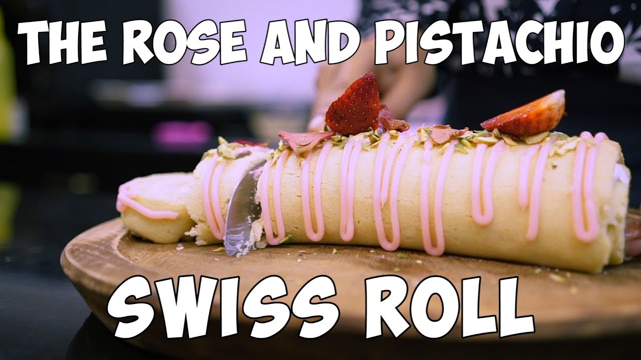 EGGLESS ROSE AND PISTACHIO SWISS ROLL