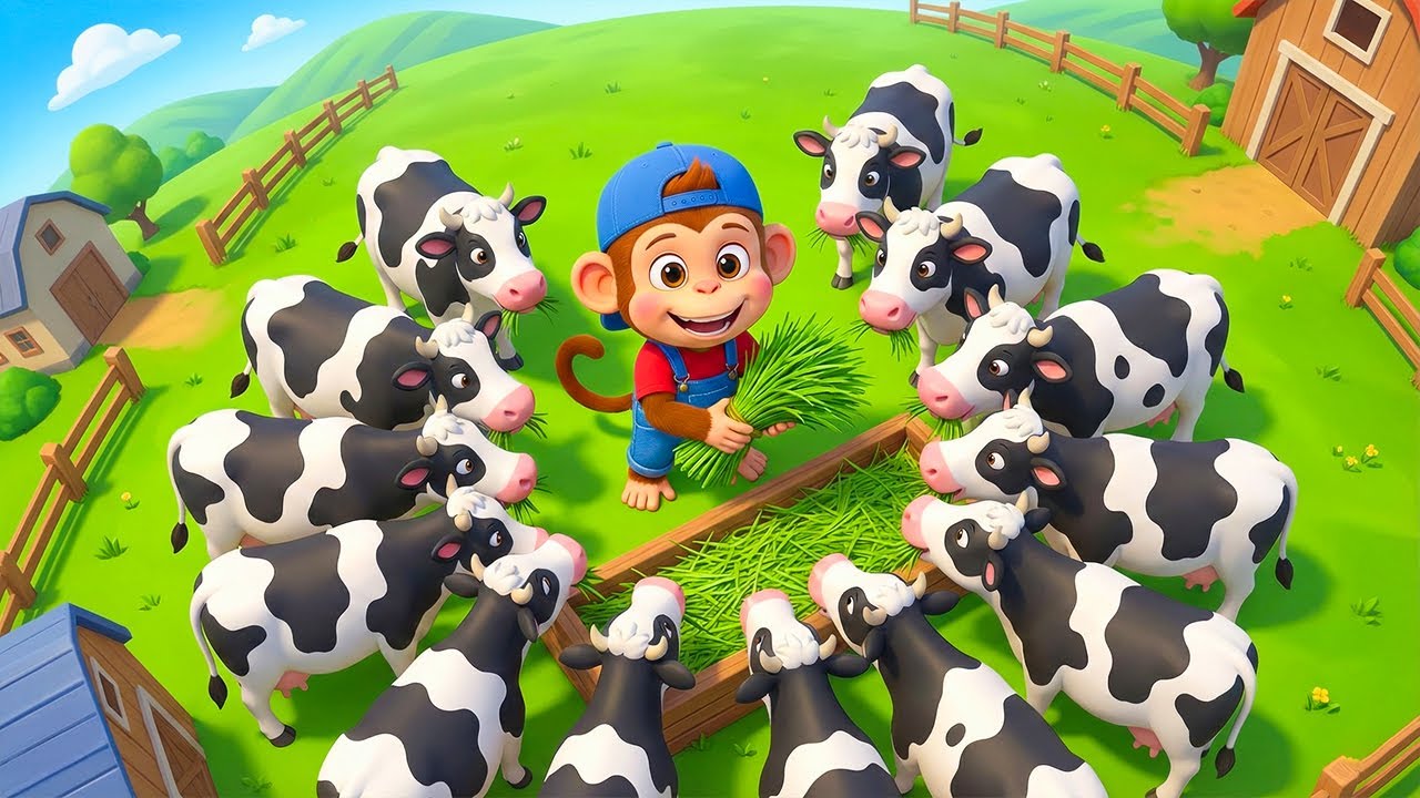 Monkey Funny| Puppy Takes Care of Cows | Educational Farm Story | Monkey Cartoon