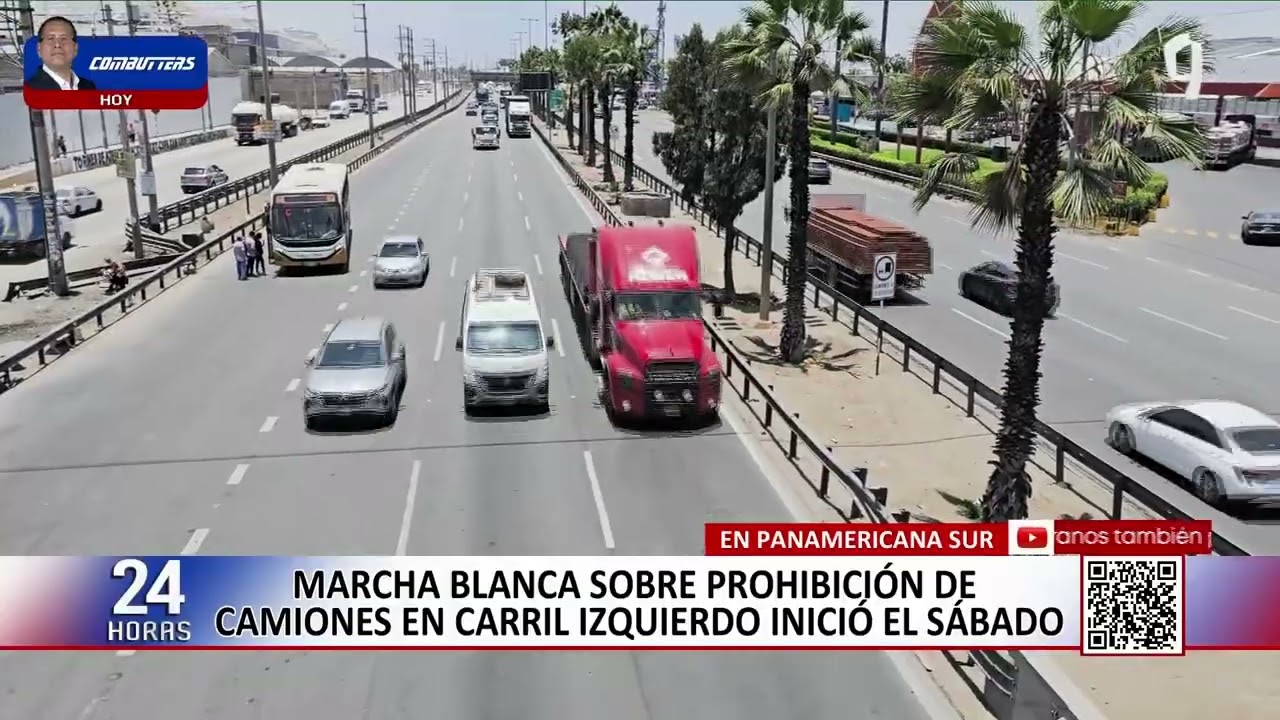 Pese a estar prohibido, camiones circulan por carril izquierdo y congestionan la Panamericana Sur