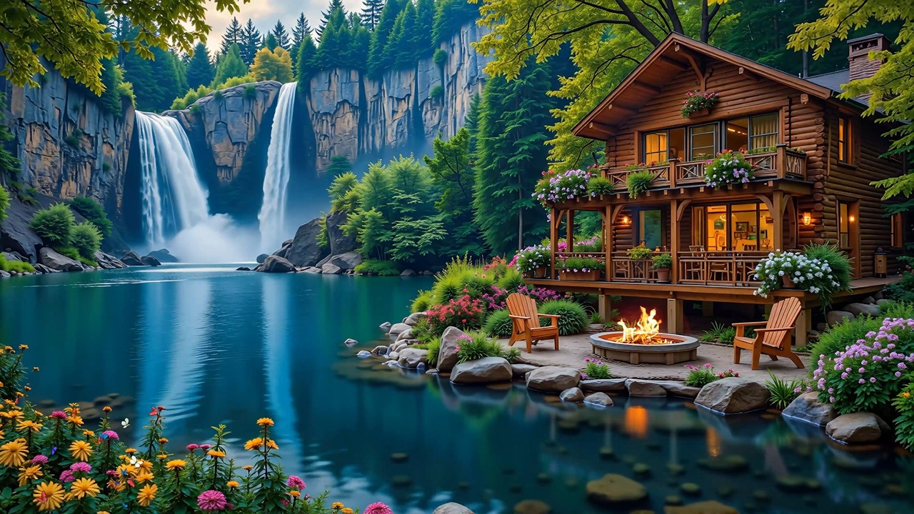Peaceful Spring Piano Music Lake View 🌿🌺 Soothing Campfire with Nature View for Relaxing, Working