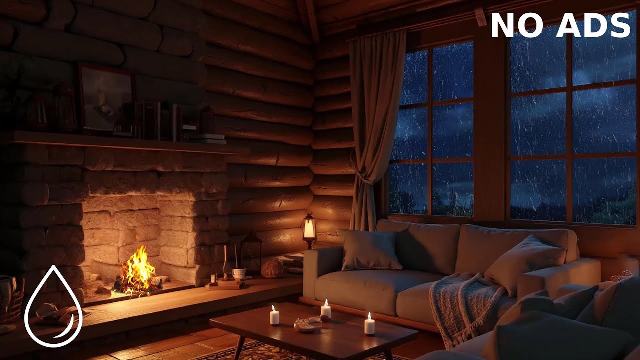 Cozy Rain Ambience with Thunderstorm in a Wooden Forest House w/ Rain on the Window & Crackling Fire